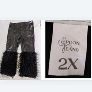 Spoon Jeans Black Faux Leather Pants w Fur Trim 2X